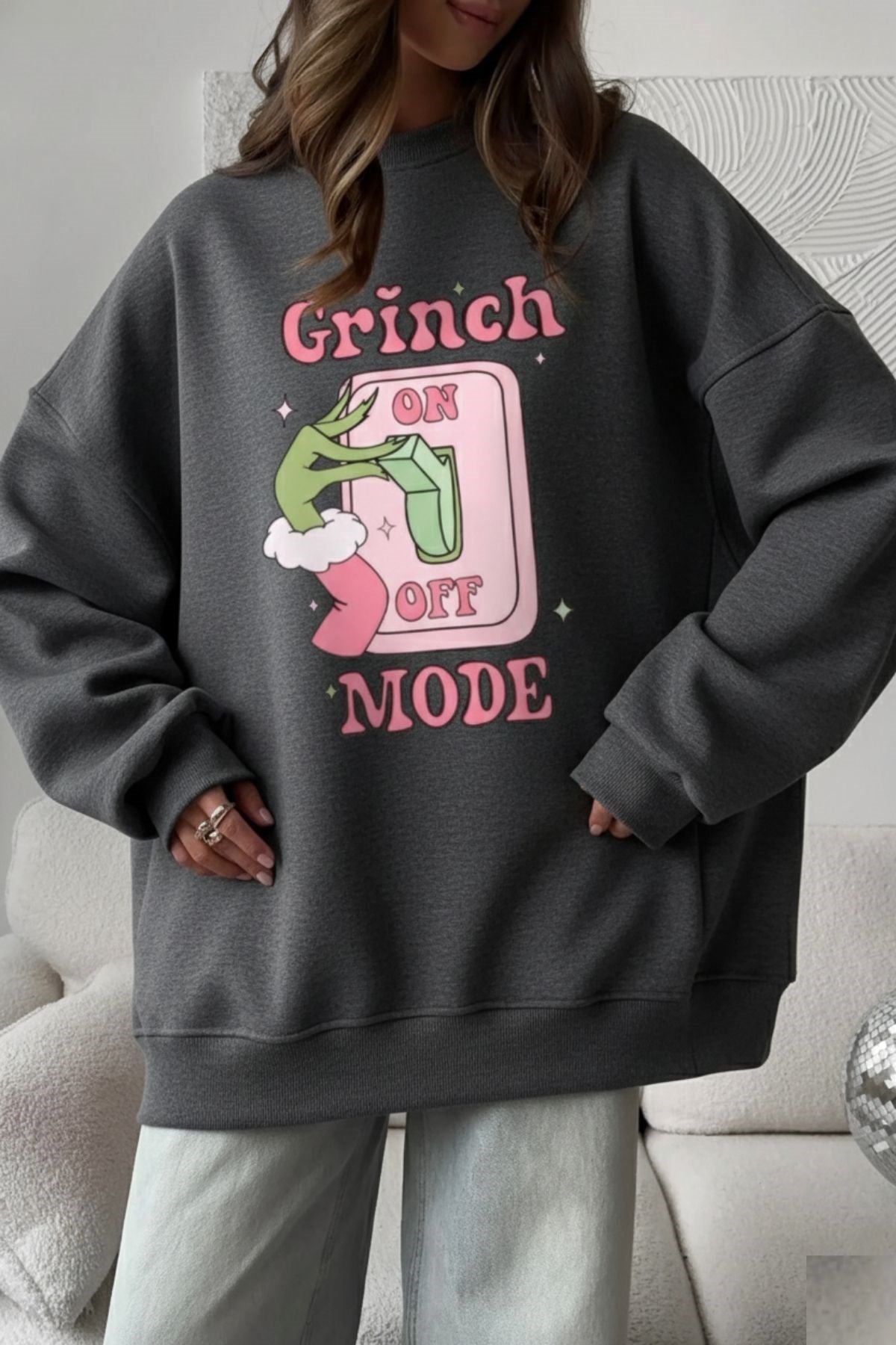 Kadın Oversize Sweatshirt Elbise Grinch Mode Baskılı Füme Melanj – Bisiklet Yaka, 3 İplik Polar