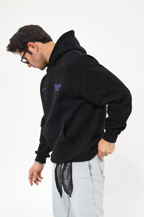 Kapüşonlu İçi Polar Eighty Five Yazı Baskılı Siyah Oversize Hoodie Sweatshirt