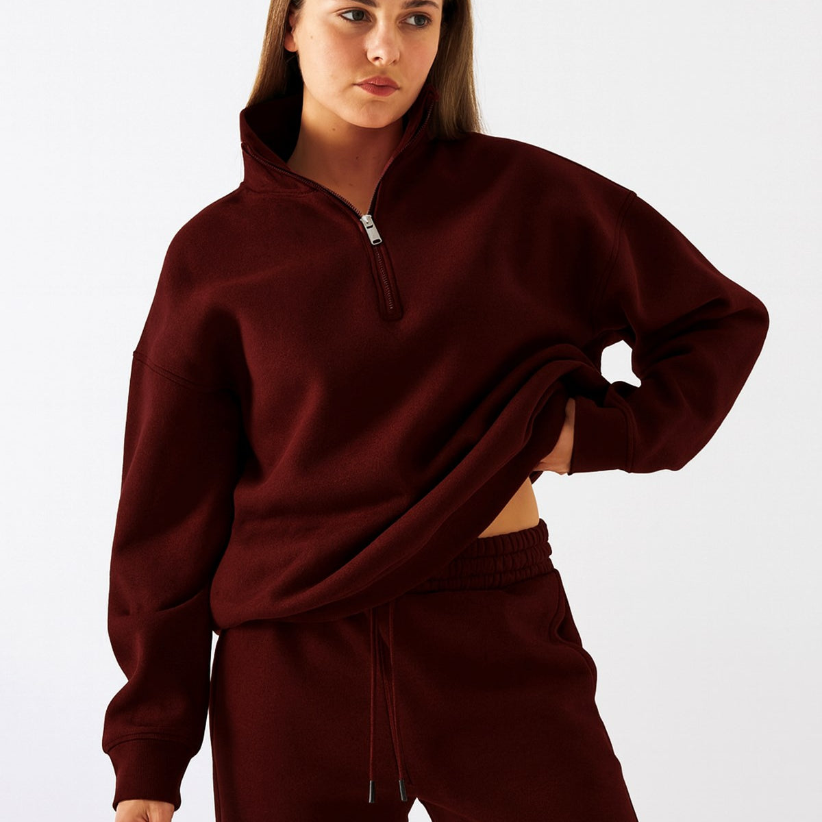 Unisex Oversize Eşofman Takımı Basic Bordo – Fermuarlı Dik Yaka, Lastikli Paça, 3 İplik Şardonlu Polar