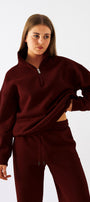 Unisex Oversize Eşofman Takımı Basic Bordo – Fermuarlı Dik Yaka, Lastikli Paça, 3 İplik Şardonlu Polar