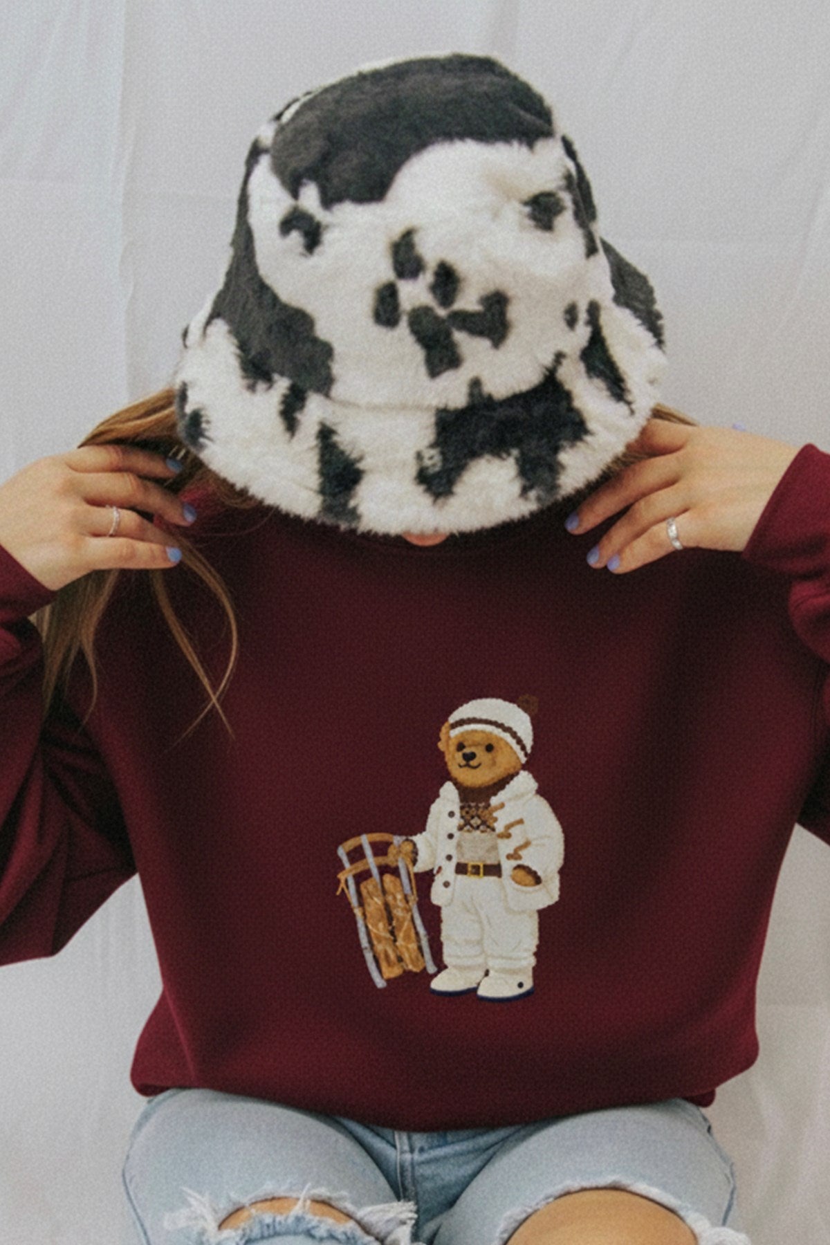 Kadın Oversize Sweatshirt Quiet Club 3D Baskılı Bordo – Bisiklet Yaka, 3 İplik Şardonlu Polar