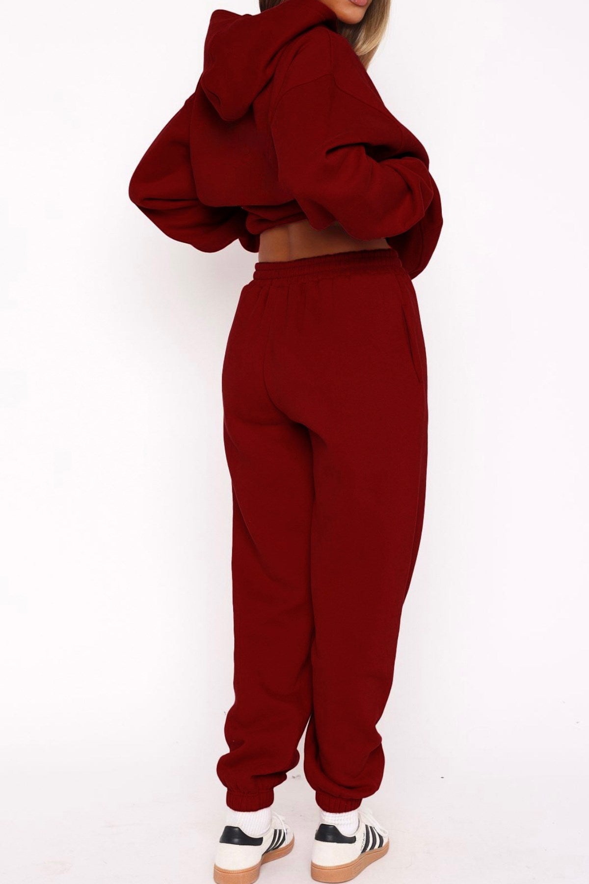  Oversize Unisex Eşofman Takımı Bordo – Basic, 3 İplik Şardonlu Polar; Kapüşonlu Üst, Lastikli Alt