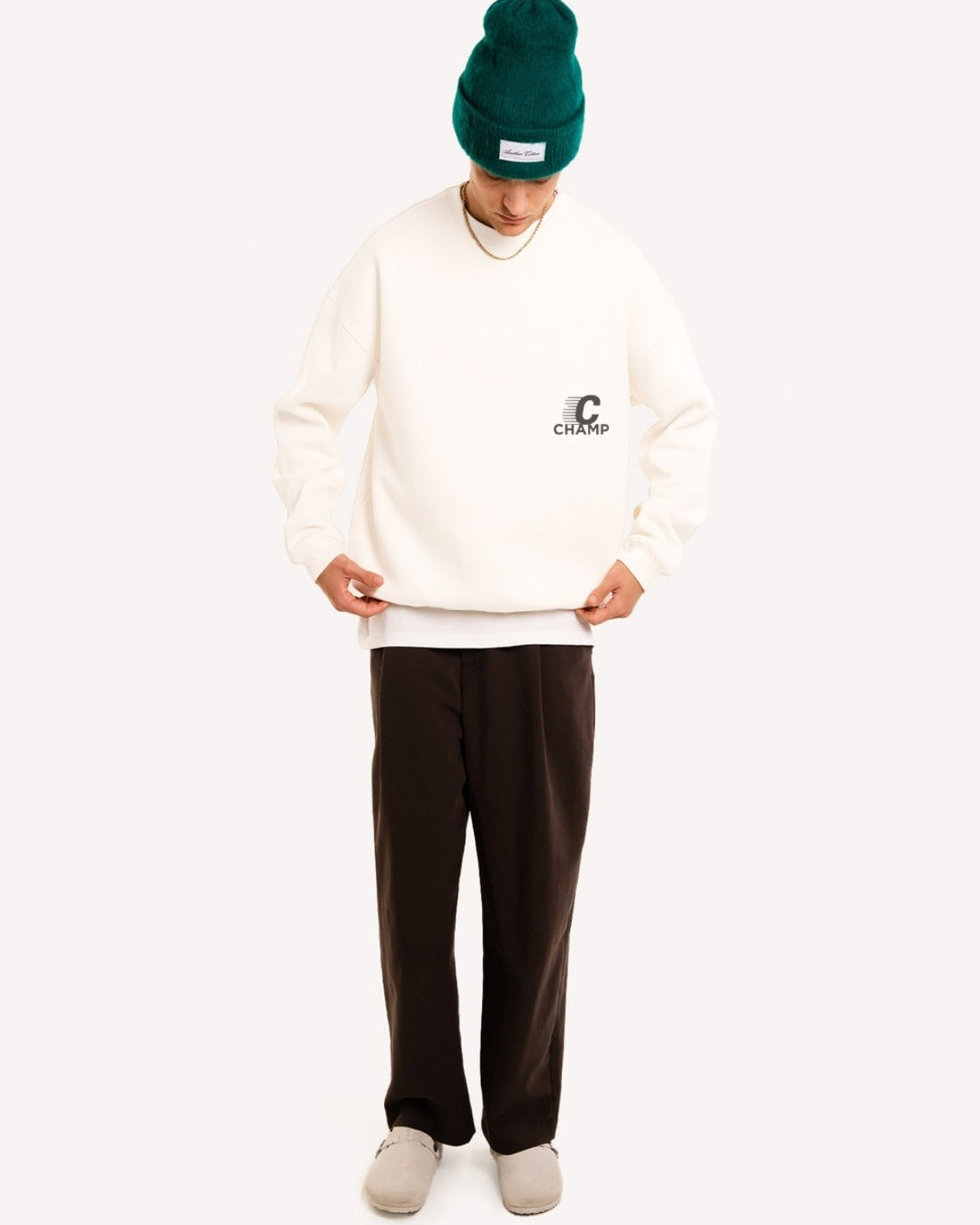Erkek Beyaz Bisiklet Yaka Sweatshirt  The Champ Baskılı 3 İplik Şardonlu