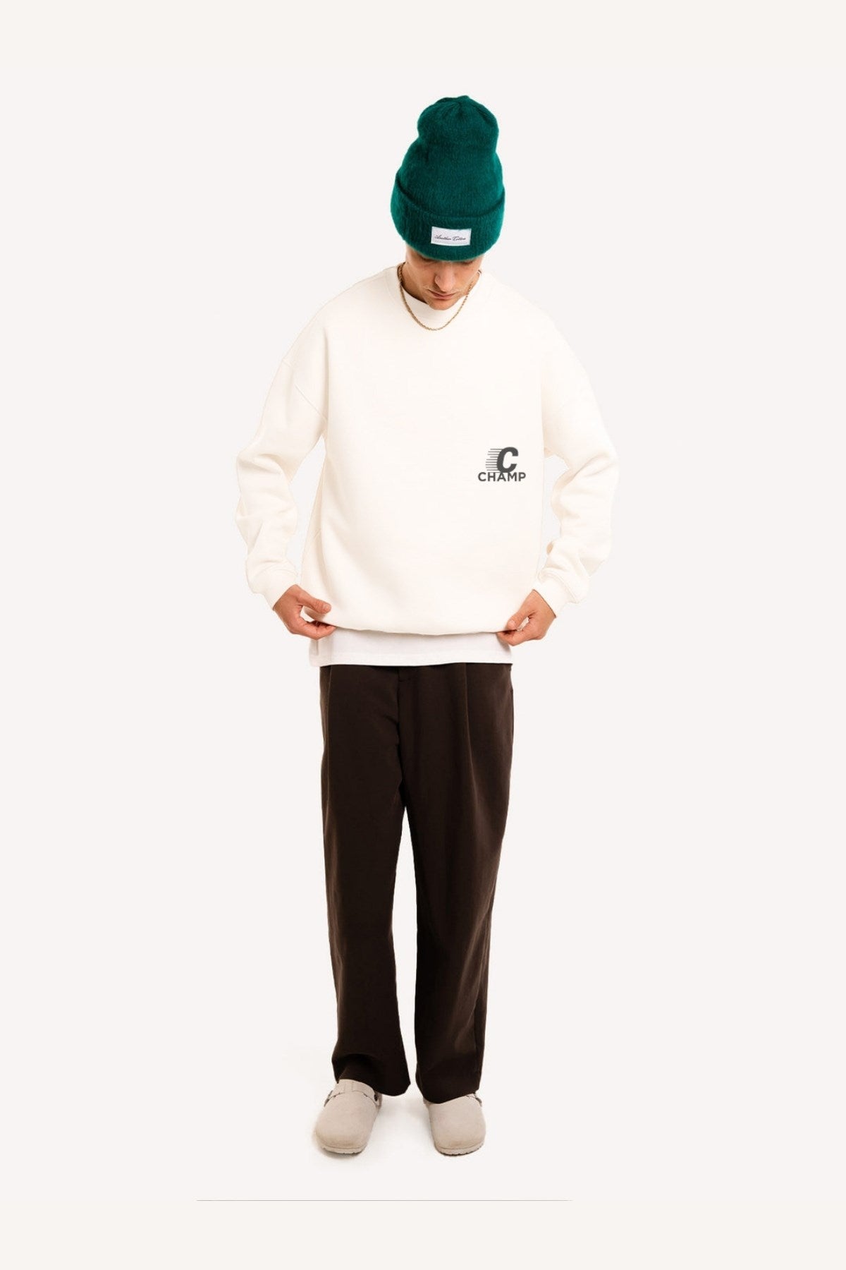 Erkek Beyaz Bisiklet Yaka Sweatshirt  The Champ Baskılı 3 İplik Şardonlu