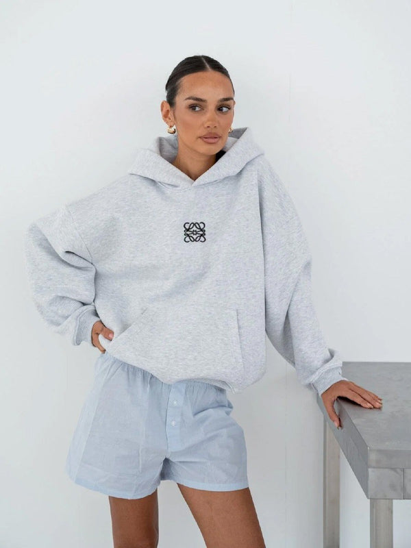 Gri Melanj Unisex Yüksek Baskılı Kapüşonlu Kanguru Cepli Oversize Hoodie