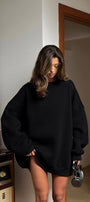 Kadın Oversize Sweatshirt Elbise Basic Siyah – Bisiklet Yaka, 3 İplik Şardonlu Polar