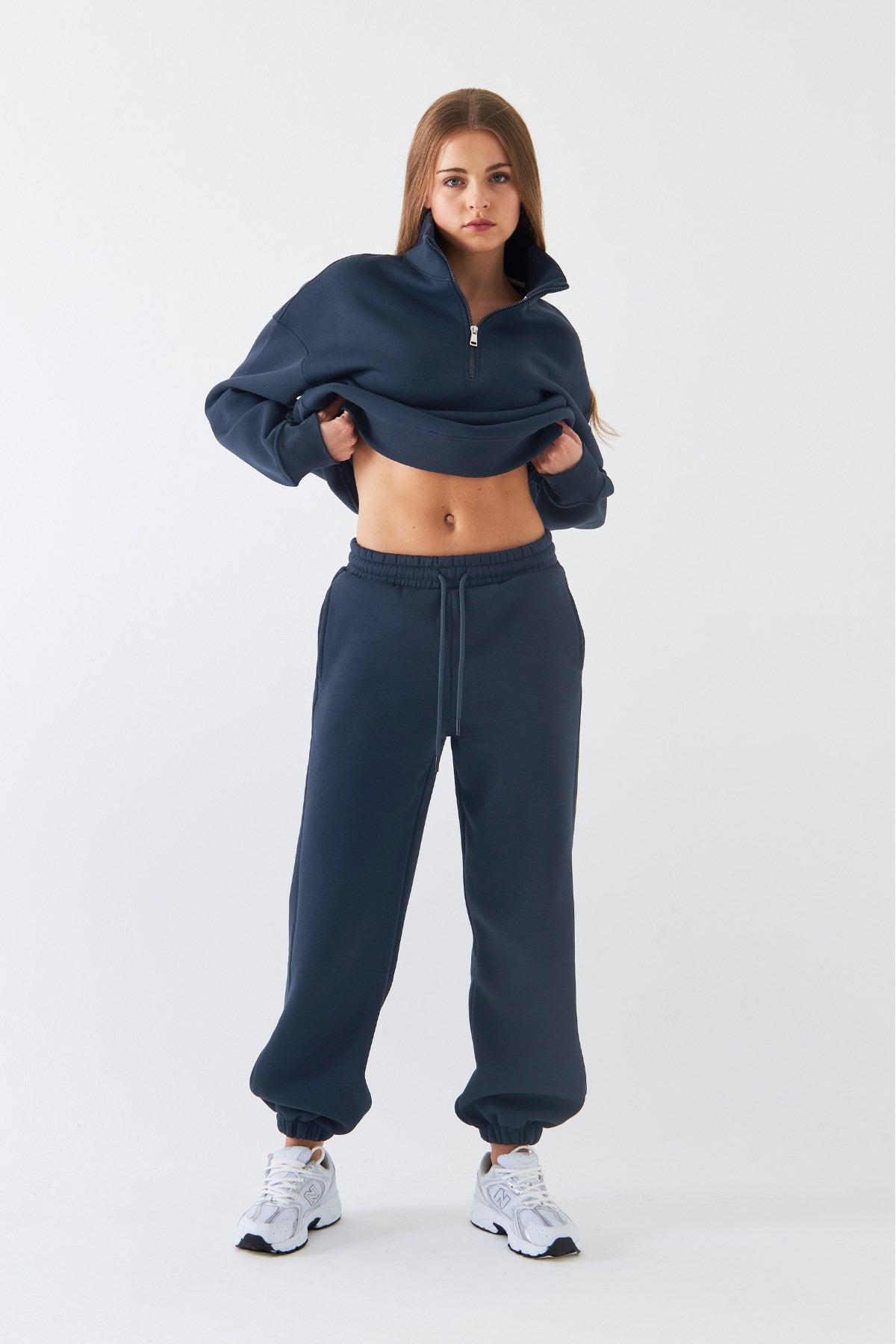 Unisex Oversize Eşofman Takımı Basic Marine – Fermuarlı Dik Yaka, Lastikli Paça, 3 İplik Polar