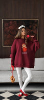 Kadın Oversize Sweatshirt Elbise Matryoshka Girl Baskılı Bordo – Bisiklet Yaka, 3 İplik Polar