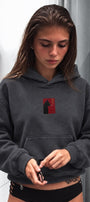 Kadın Oversize Hoodie Noir Cat Baskılı Füme – Kapüşonlu, Kanguru Cepli, 3 İplik Şardonlu Polar