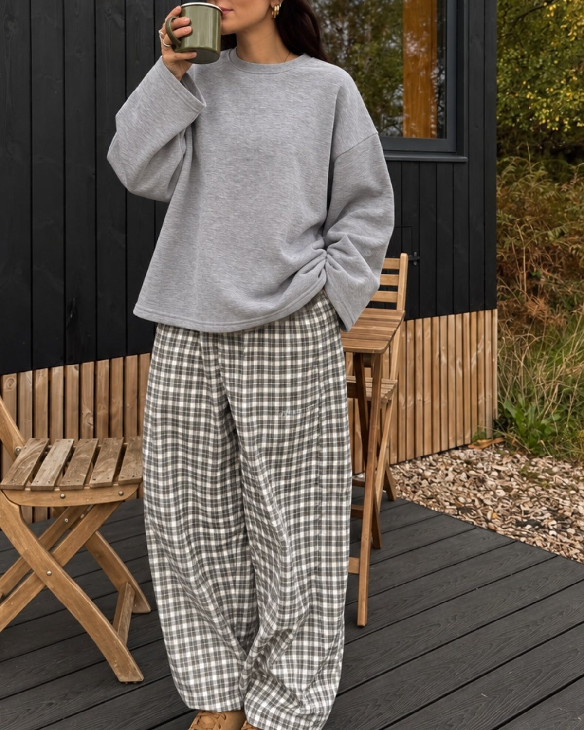 Kadın Relaxed Fit Sweatshirt Basic Gri Melanj – Bisiklet Yaka, 3 İplik Şardonsuz, Düşük Omuz
