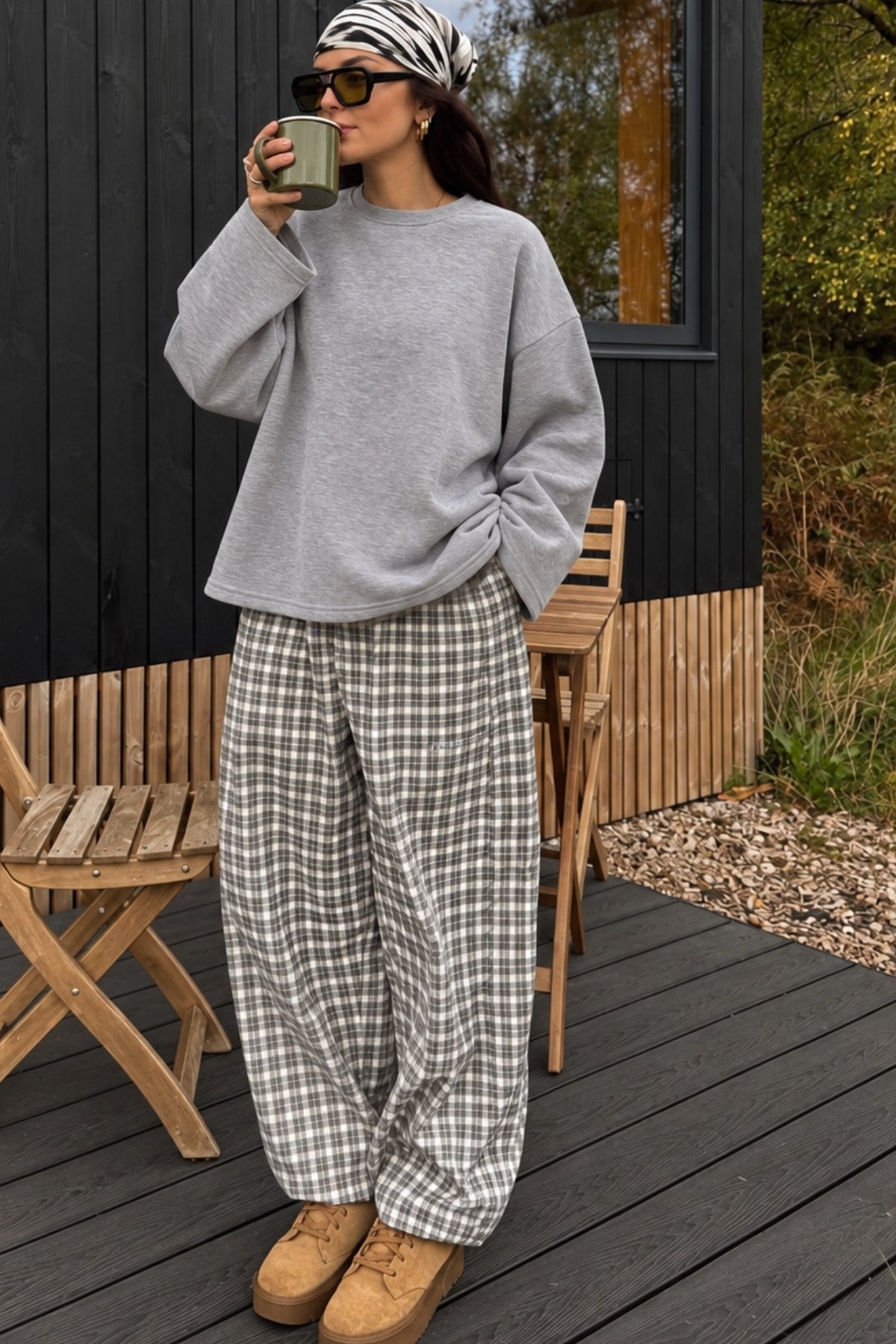 Kadın Relaxed Fit Sweatshirt Basic Gri Melanj – Bisiklet Yaka, 3 İplik Şardonsuz, Düşük Omuz