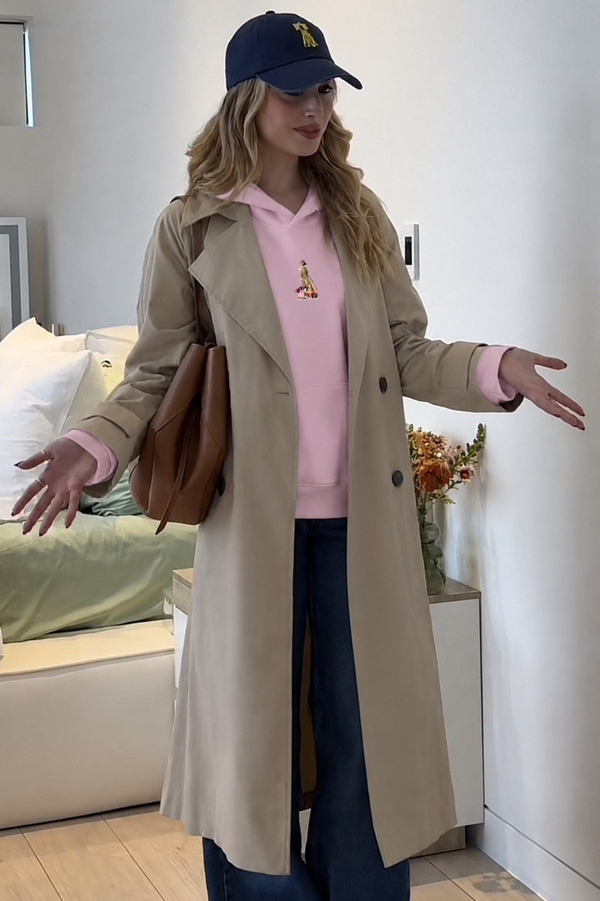 Kadın Oversize Hoodie City Walk Baskılı Pembe – Kapüşonlu, Kanguru Cepli, 3 İplik Polar