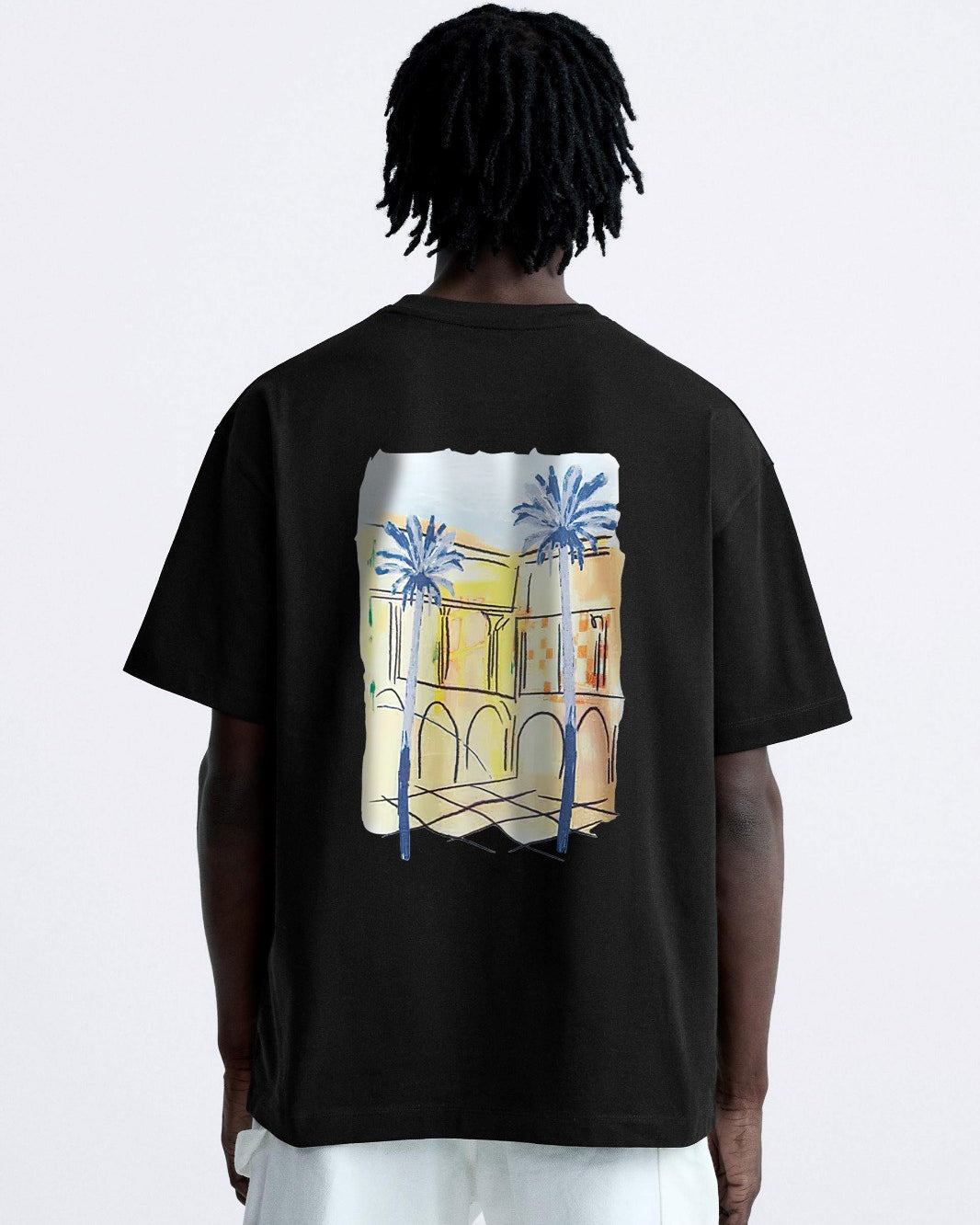  Bisiklet Yaka Palmiye Baskılı Oversize Siyah Erkek T-shirt