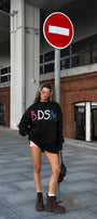 Kadın Oversize Sweatshirt Elbise Color Pop Baskılı Siyah – Bisiklet Yaka, 3 İplik Şardonlu Polar
