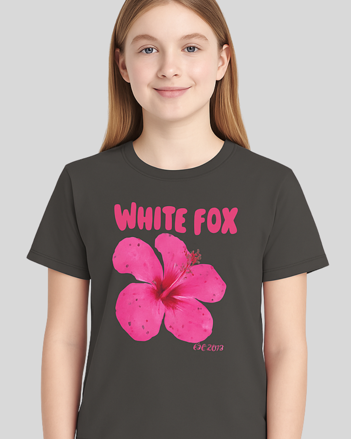 Füme  Renk Hibiskus Çiçekli Kız Çocuk Tişört  %100 Pamuk