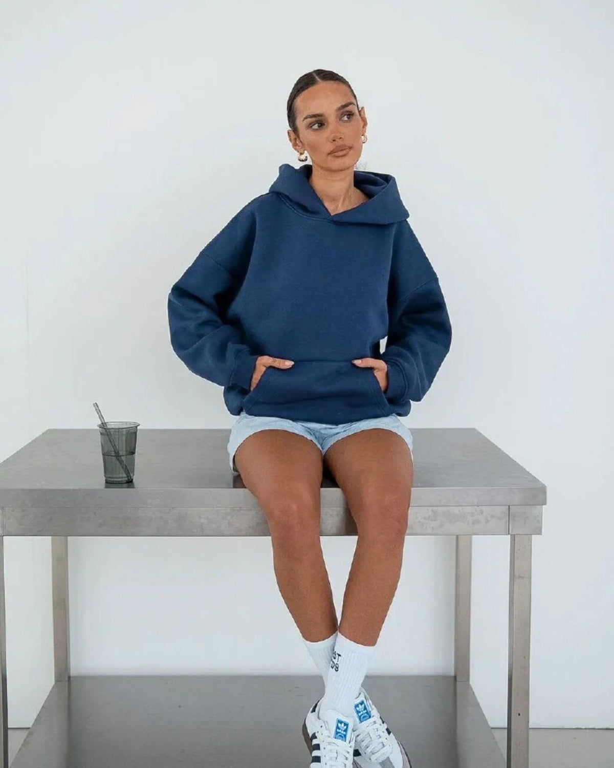 Kapüşonlu Içi Polar İndigo Unisex Oversize Hoodie Sweatshirt