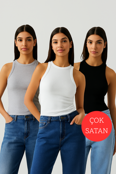 3'lü Halter Yaka Atlet Seti (Beyaz, Siyah, Gri)