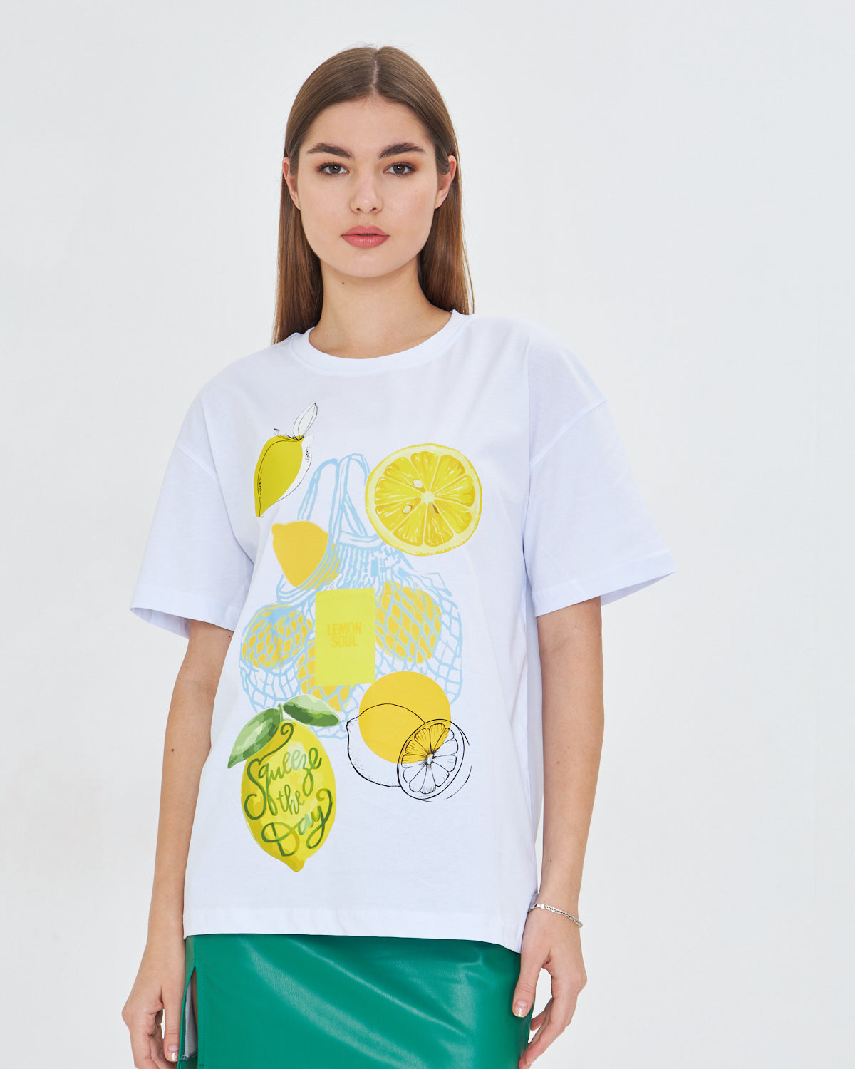 Kadın Limon Baskılı Lila Oversize Yazlık Tişört Squeeze The Day