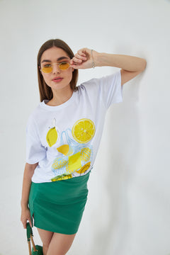 Kadın Limon Baskılı Lila Oversize Yazlık Tişört Squeeze The Day