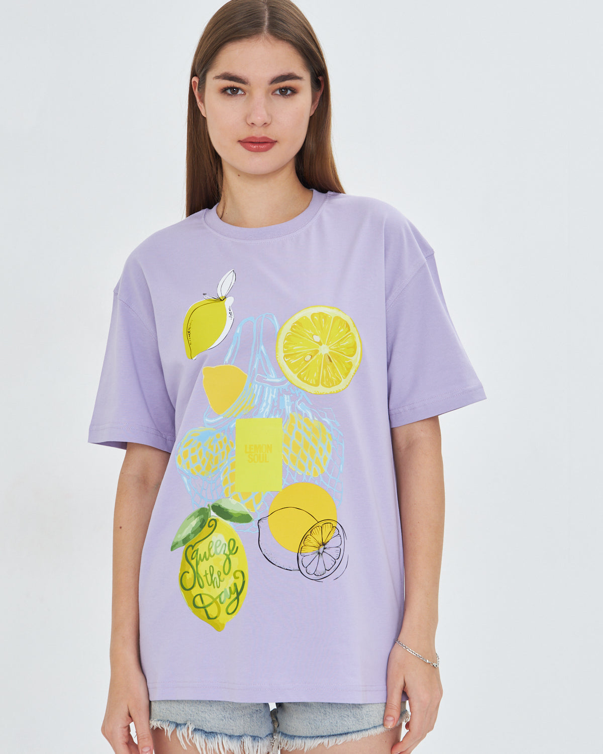 Kadın Limon Baskılı Lila Oversize Yazlık Tişört Squeeze The Day