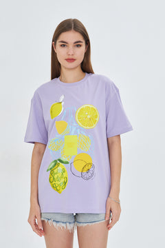 Kadın Limon Baskılı Lila Oversize Yazlık Tişört Squeeze The Day