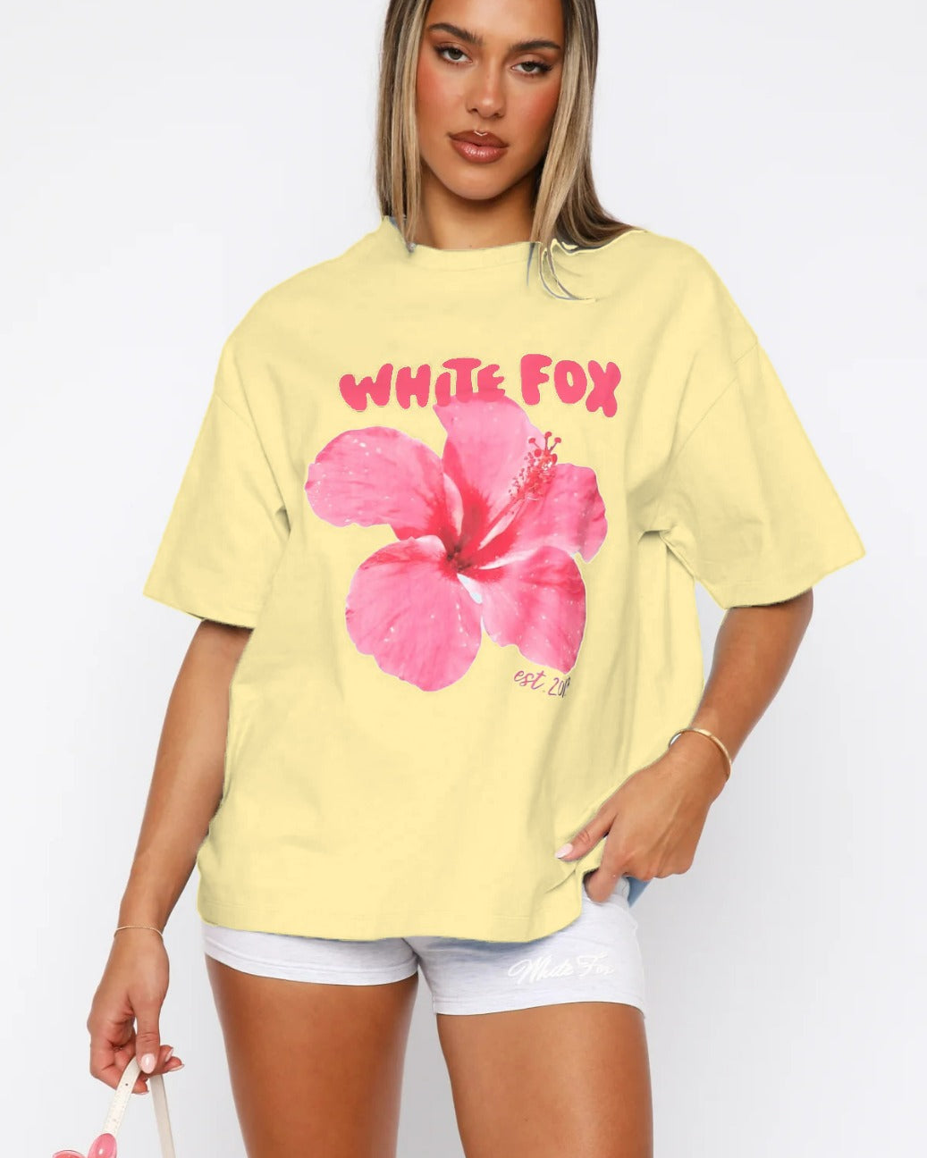 Hibiscus Çiçek Baskılı White Fox Kadın Tişört Günlük Rahat Kesim Sarı