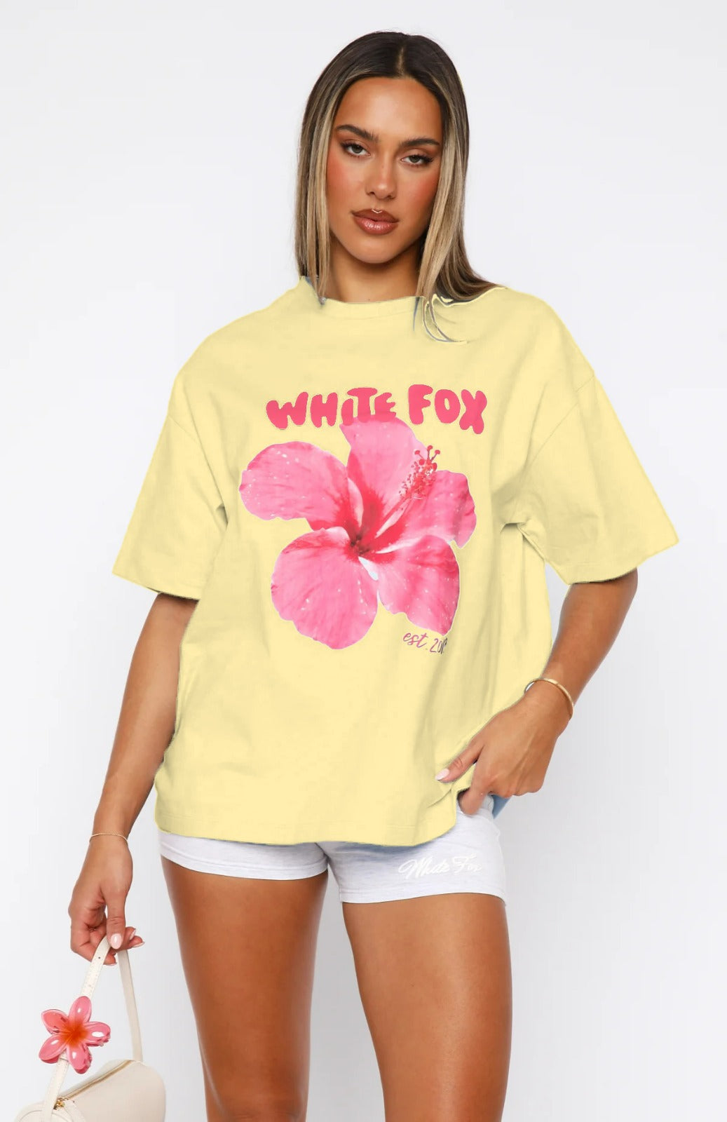 Hibiscus Çiçek Baskılı White Fox Kadın Tişört Günlük Rahat Kesim Sarı