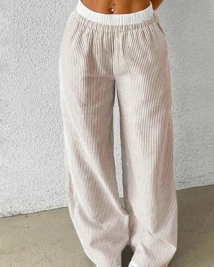 Kadın Gri Çizgili Poplin Dokuma Pantolon – Yüksek Bel Lastikli Bol Paça Rahat Model