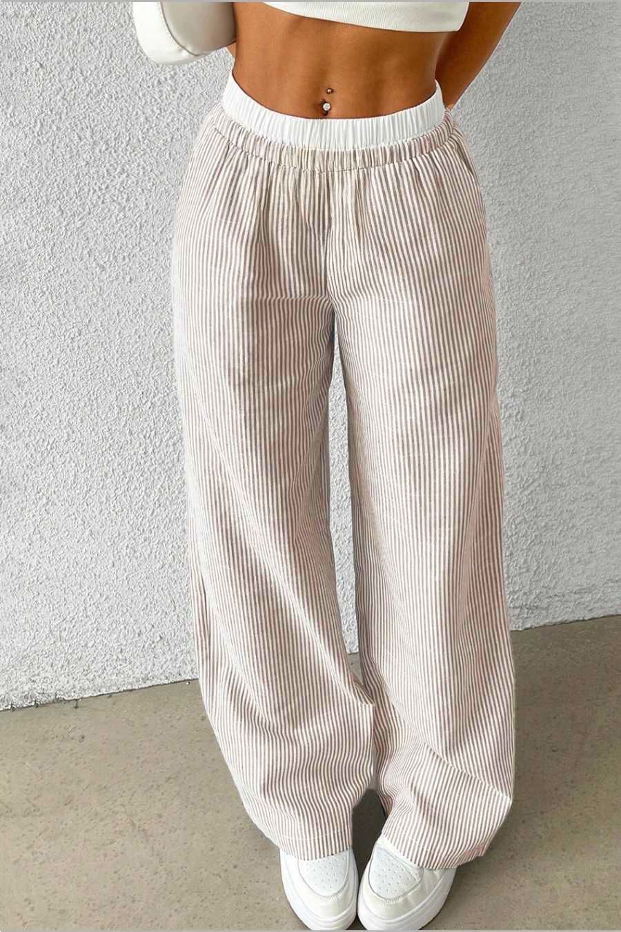 Kadın Gri Çizgili Poplin Dokuma Pantolon – Yüksek Bel Lastikli Bol Paça Rahat Model