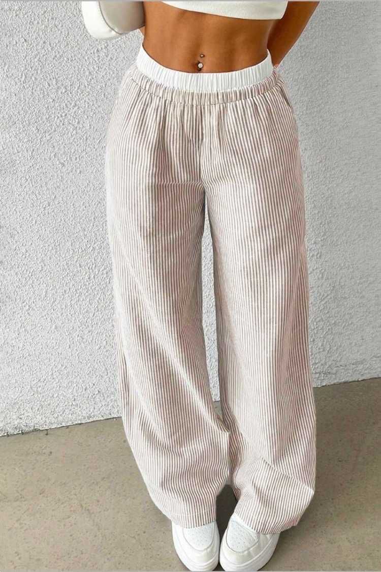 Kadın Gri Çizgili Poplin Dokuma Pantolon – Yüksek Bel Lastikli Bol Paça Rahat Model