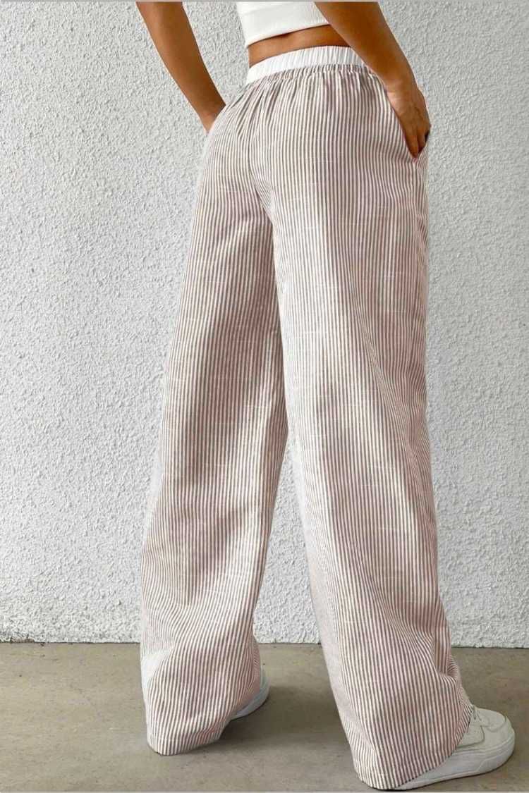 Kadın Gri Çizgili Poplin Dokuma Pantolon – Yüksek Bel Lastikli Bol Paça Rahat Model