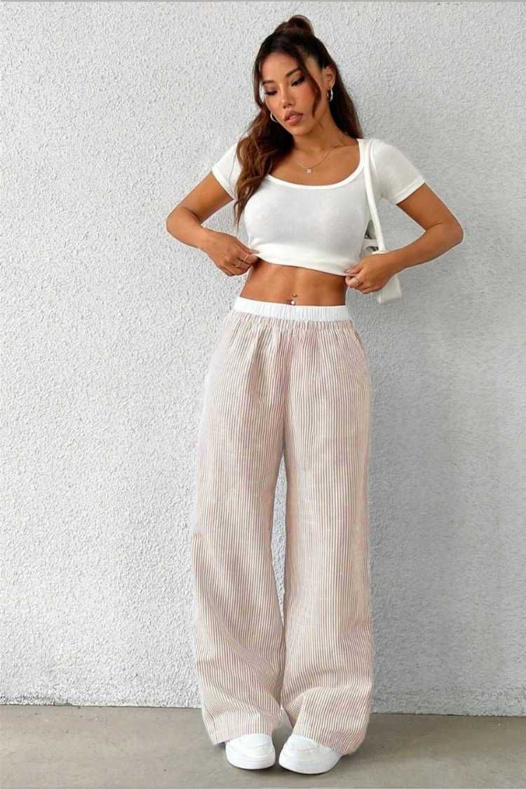 Kadın Gri Çizgili Poplin Dokuma Pantolon – Yüksek Bel Lastikli Bol Paça Rahat Model