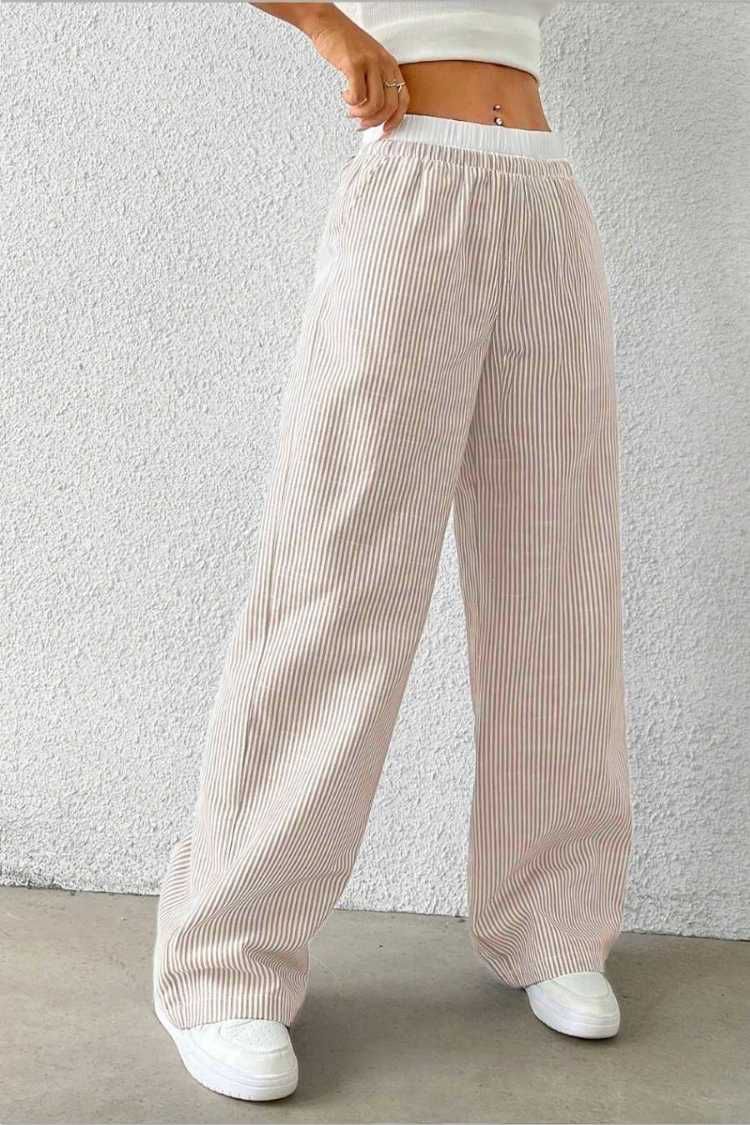 Kadın Gri Çizgili Poplin Dokuma Pantolon – Yüksek Bel Lastikli Bol Paça Rahat Model