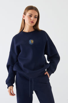 Kadın Oversize Sweatshirt Sun & Moon Baskılı Lacivert – Bisiklet Yaka, 3 İplik Şardonlu Polar
