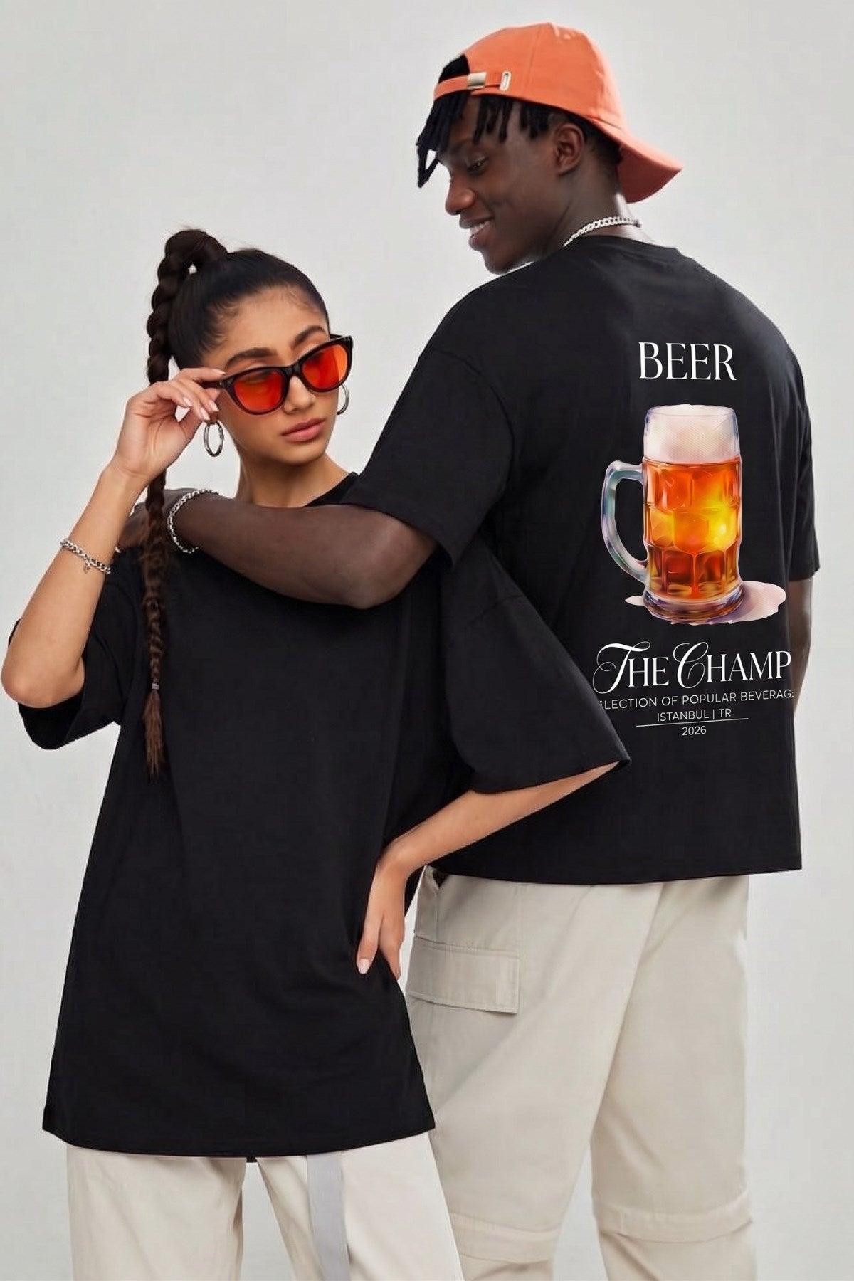 Unisex Oversize Tişört BEER Baskılı Siyah – Bisiklet Yaka, Rahat Kalıp, %100 Pamuk