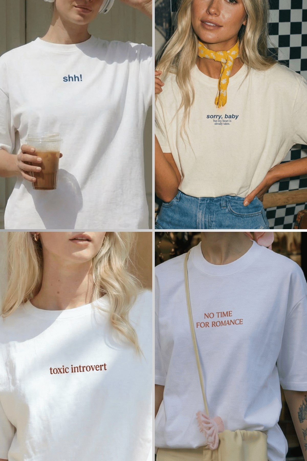 Kadın Oversize Quiet Club 4’lü Beyaz Slogan Tişört Seti– Bisiklet Yaka, Rahat Kalıp, %100 Pamuk