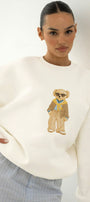 Kadın Oversize Sweatshirt Gentleman Bear Baskılı Beyaz – Bisiklet Yaka, 3 İplik Şardonlu