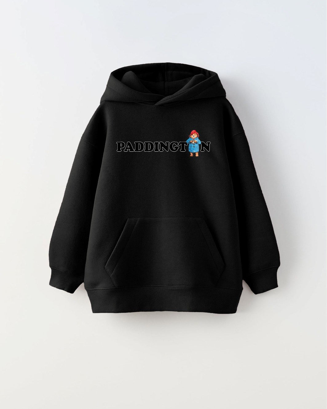 Kapüşonlu İçi Polar Paddington Yazılı Ayı Figür Baskılı Siyah Unisex Hoodie Çocuk Sweatshirt