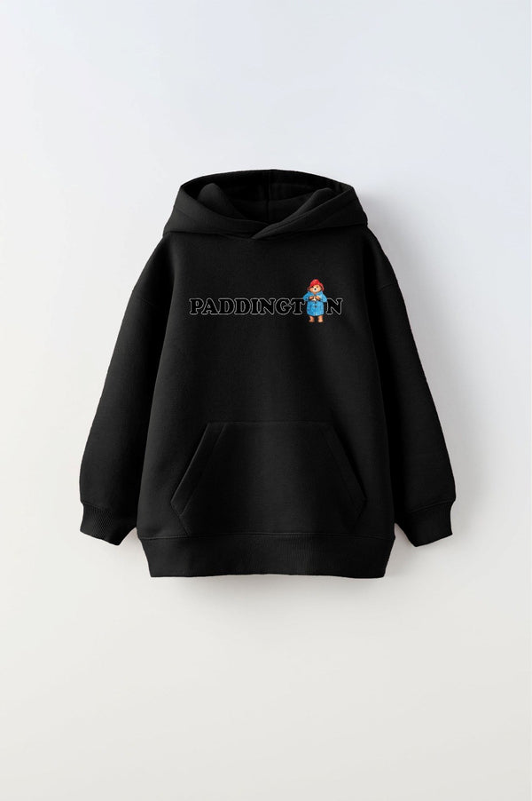 Kapüşonlu İçi Polar Paddington Yazılı Ayı Figür Baskılı Siyah Unisex Hoodie Çocuk Sweatshirt