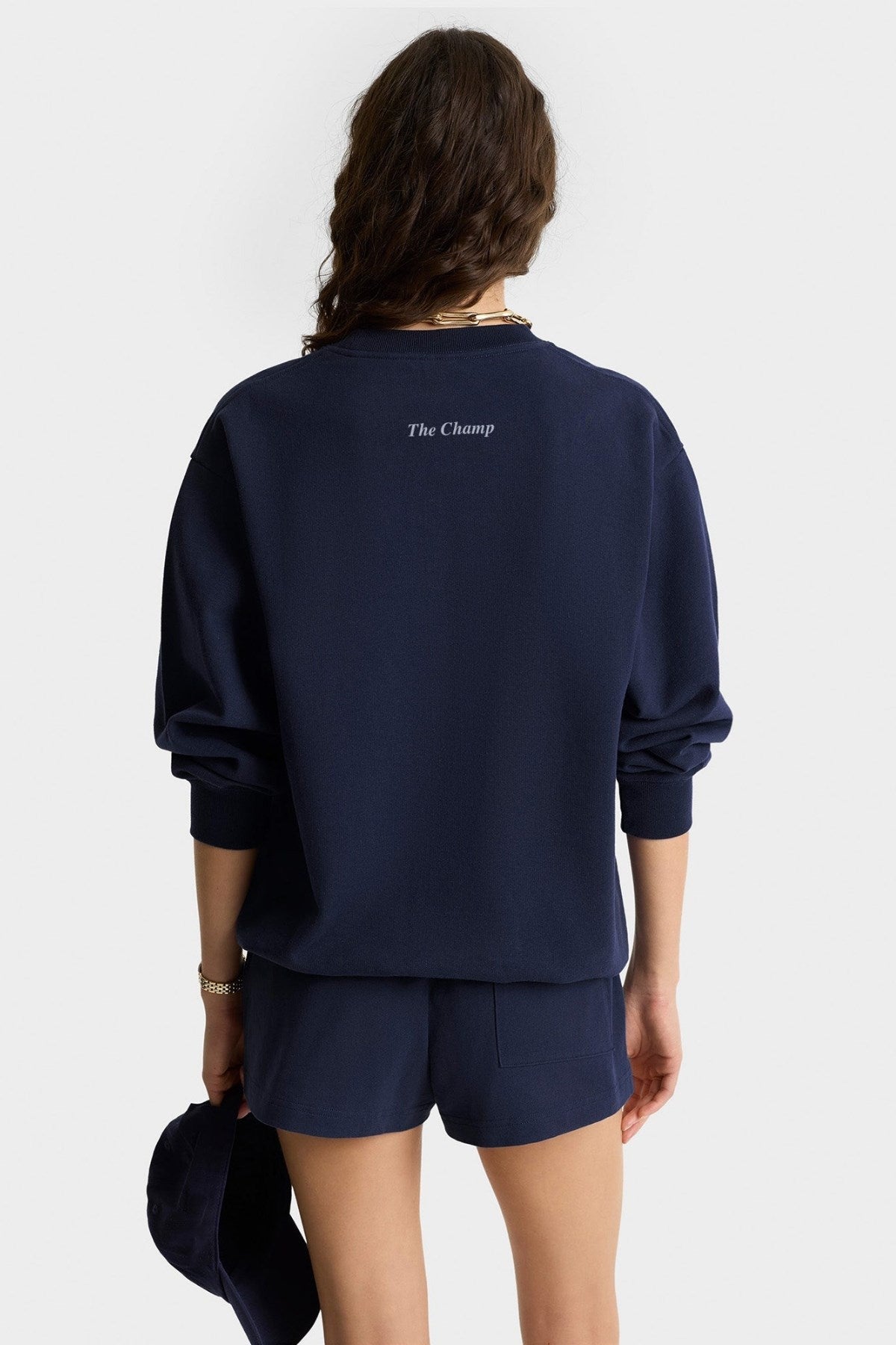 Kadın Lacivert The Champ Armalı İkili Takım Sweatshirt ve Cepli Şort Casual Spor Kombin