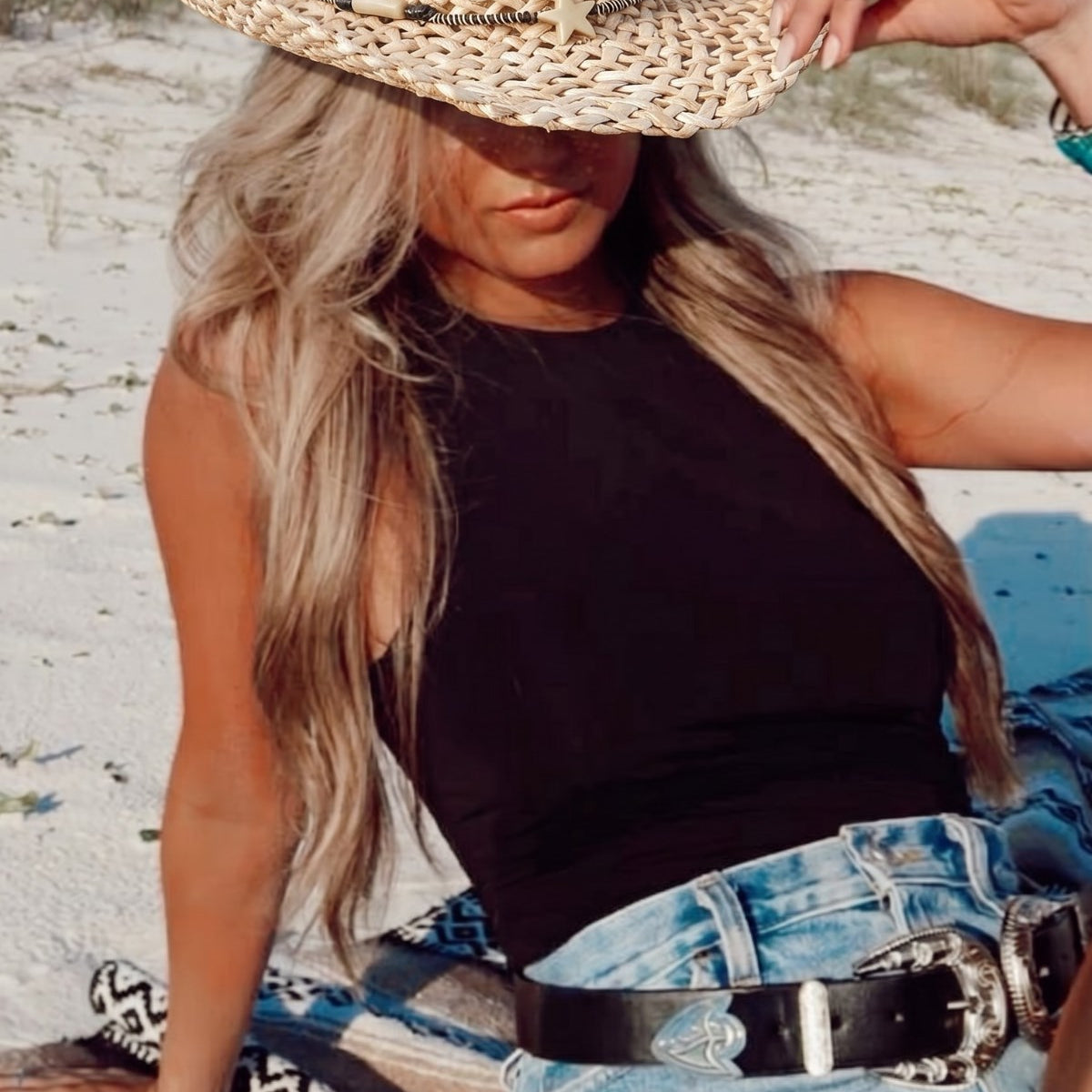 Kadın Sierra Star Hasır Kovboy Şapka Bej – Yıldız Detaylı, Yazlık Western Stil