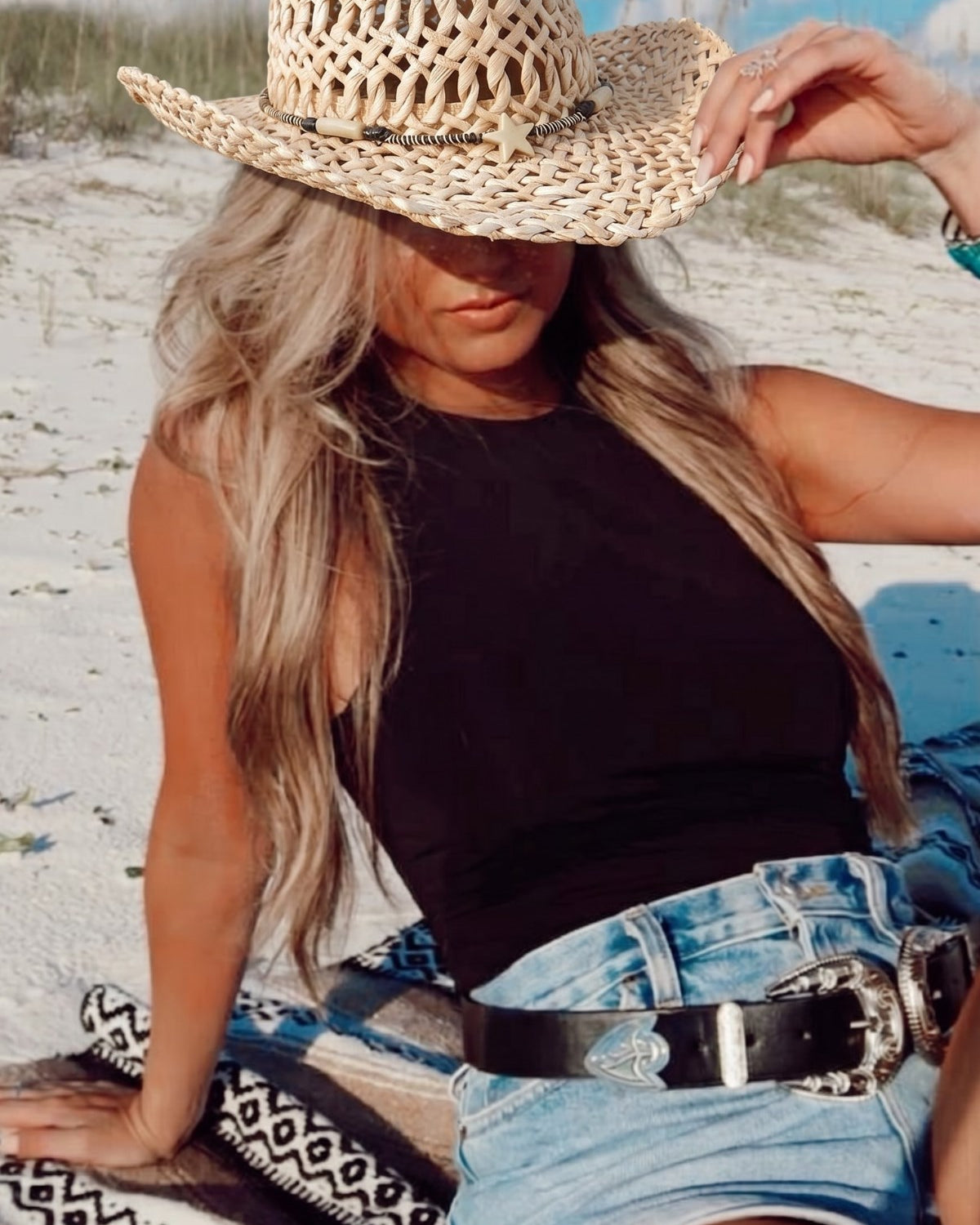 Kadın Sierra Star Hasır Kovboy Şapka Bej – Yıldız Detaylı, Yazlık Western Stil