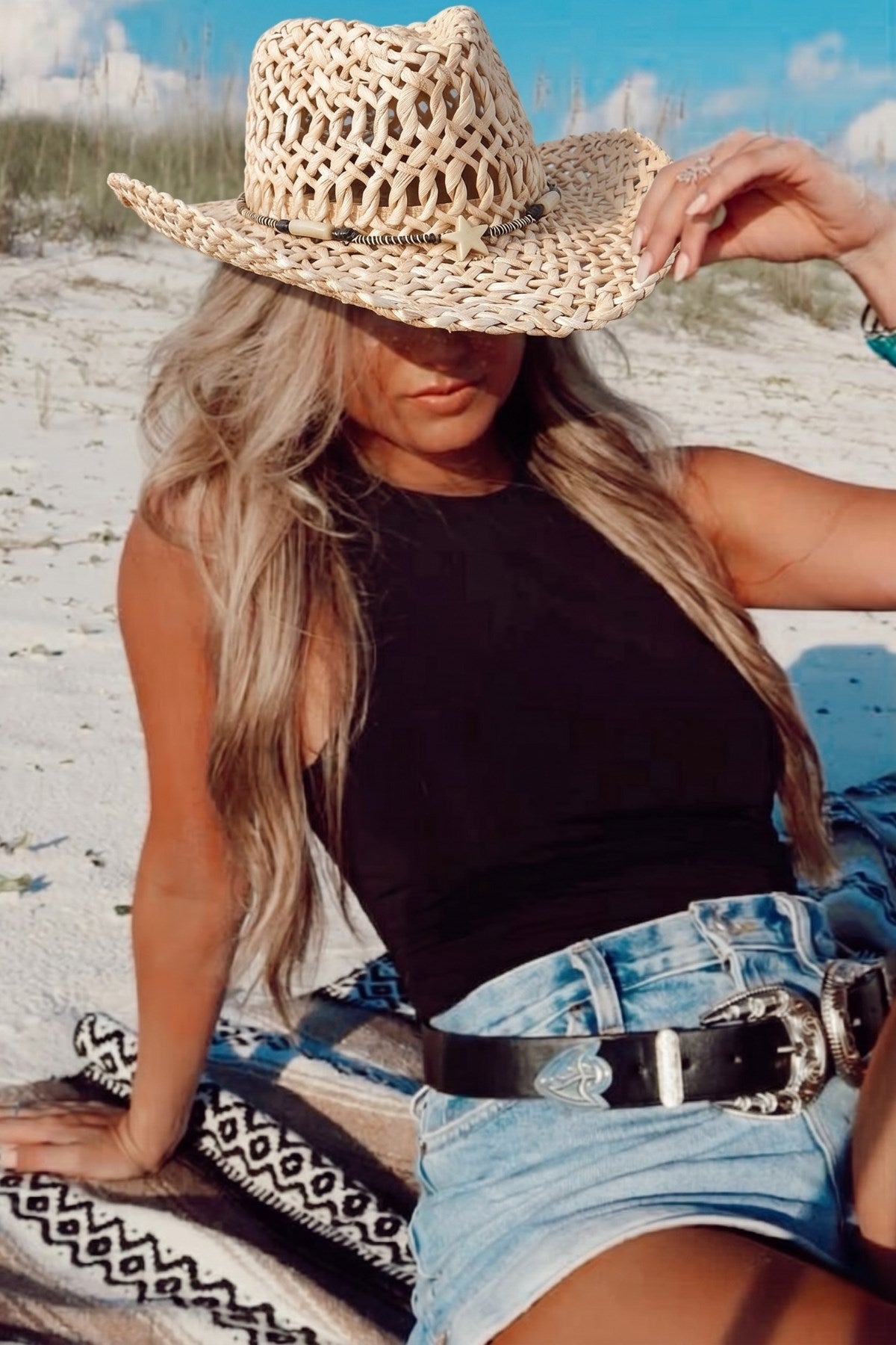Kadın Sierra Star Hasır Kovboy Şapka Bej – Yıldız Detaylı, Yazlık Western Stil