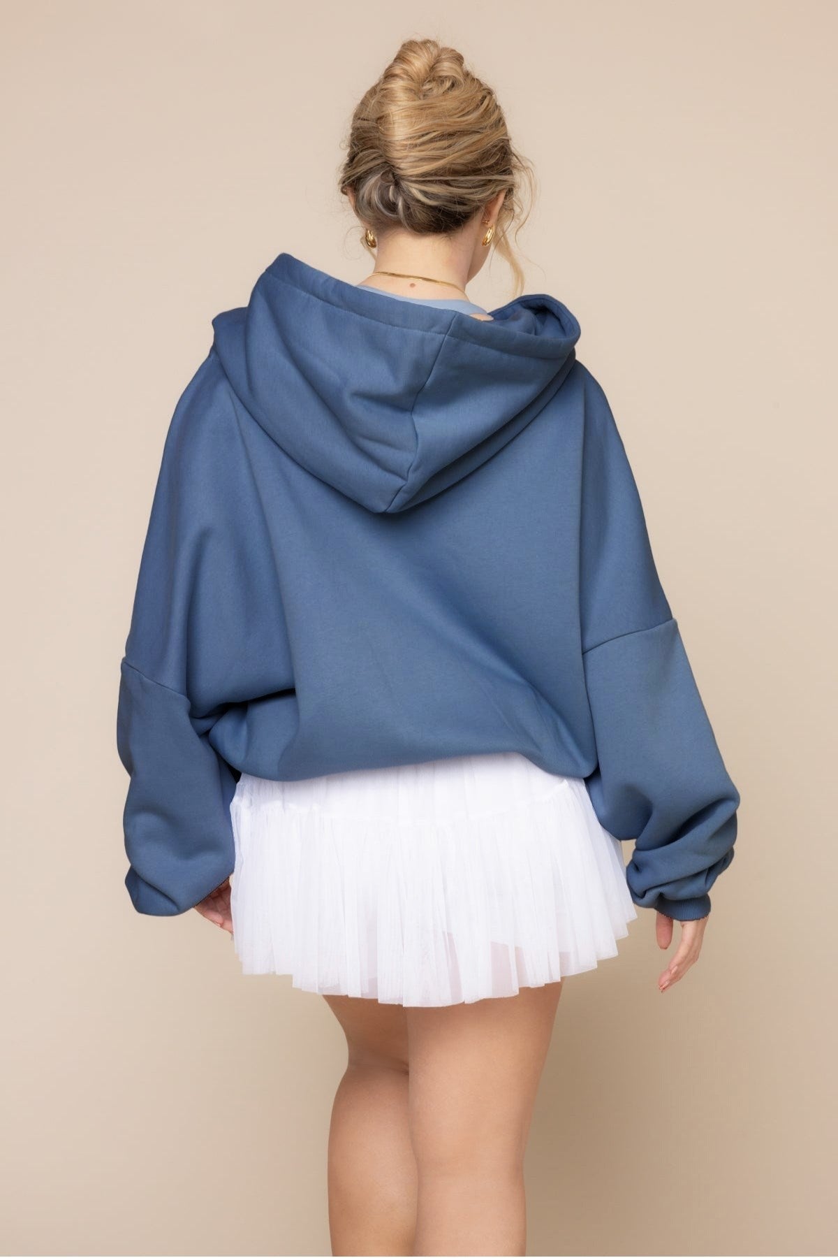 Kadın Koyu Mavi Kapüşonlu Sweatshirt Fermuarlı 3 İplik Şardonlu Oversize Kesim