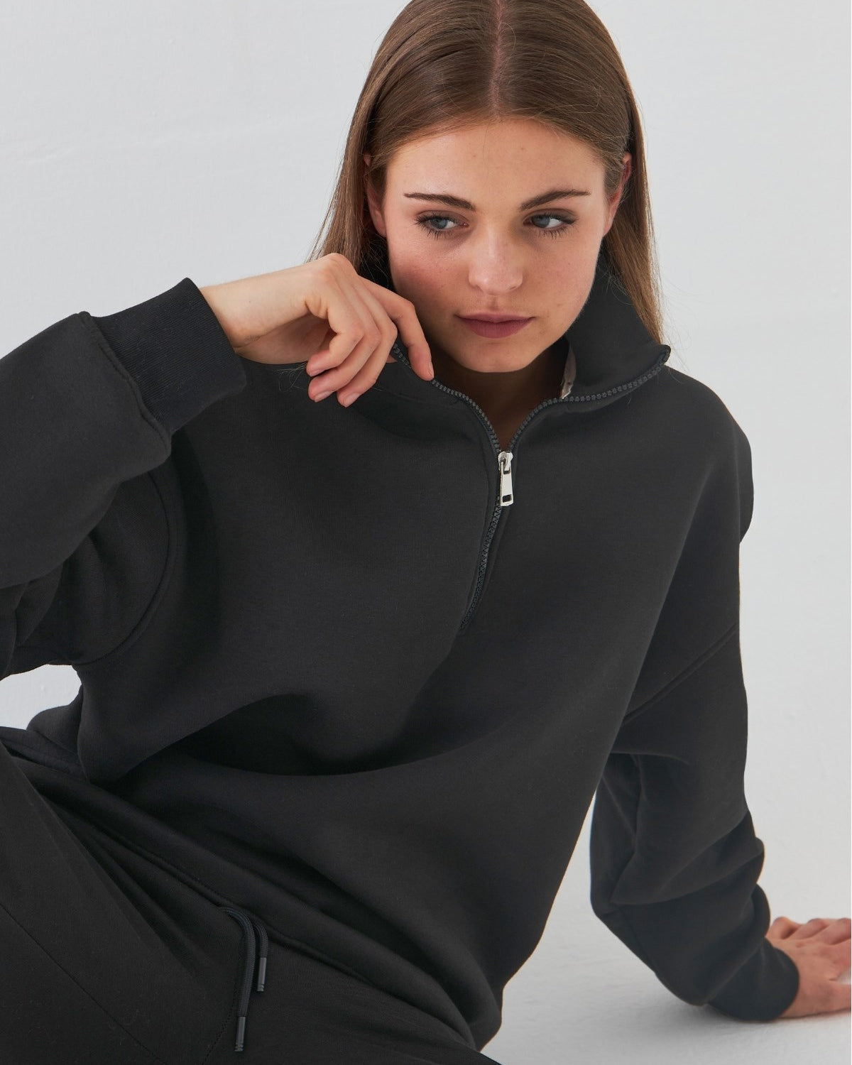 Unisex Oversize Sweatshirt Basic Füme – Yarım Fermuar Dik Yaka, 3 İplik Şardonlu Polar