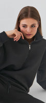 Unisex Oversize Sweatshirt Basic Füme – Yarım Fermuar Dik Yaka, 3 İplik Şardonlu Polar