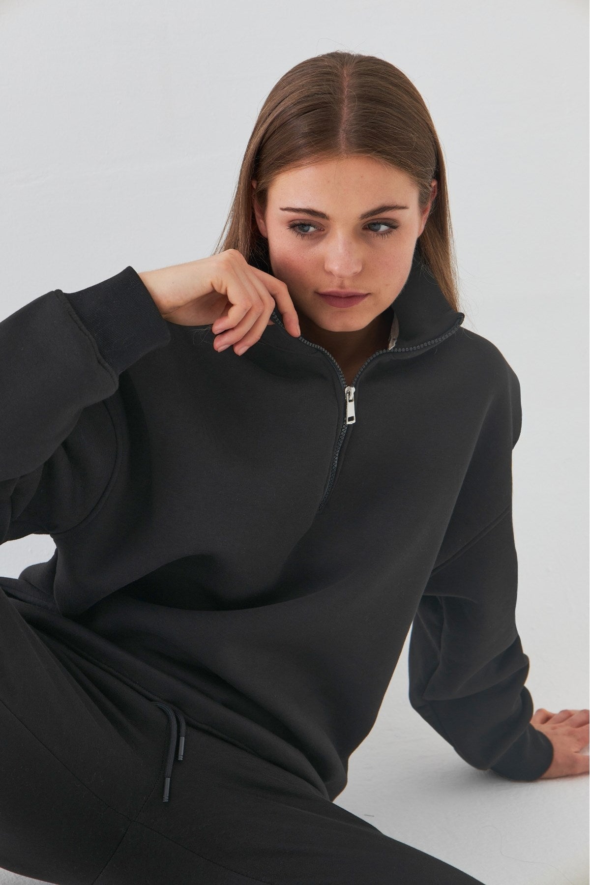 Unisex Oversize Sweatshirt Basic Füme – Yarım Fermuar Dik Yaka, 3 İplik Şardonlu Polar