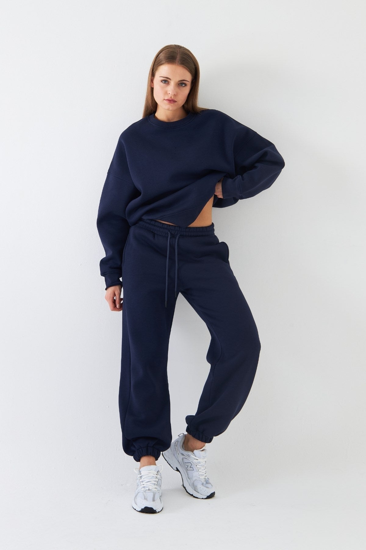 Unisex Oversize Sweatshirt Basic Lacivert – Bisiklet Yaka, 3 İplik Şardonlu Polar