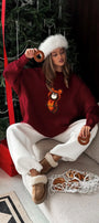 Kadın Oversize Sweatshirt Elbise Misha Mood Baskılı Bordo – Bisiklet Yaka, 3 İplik Şardonlu Polar