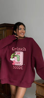 Kadın Oversize Sweatshirt Elbise Grinch Mode Baskılı Bordo – Bisiklet Yaka, 3 İplik Şardonlu Polar